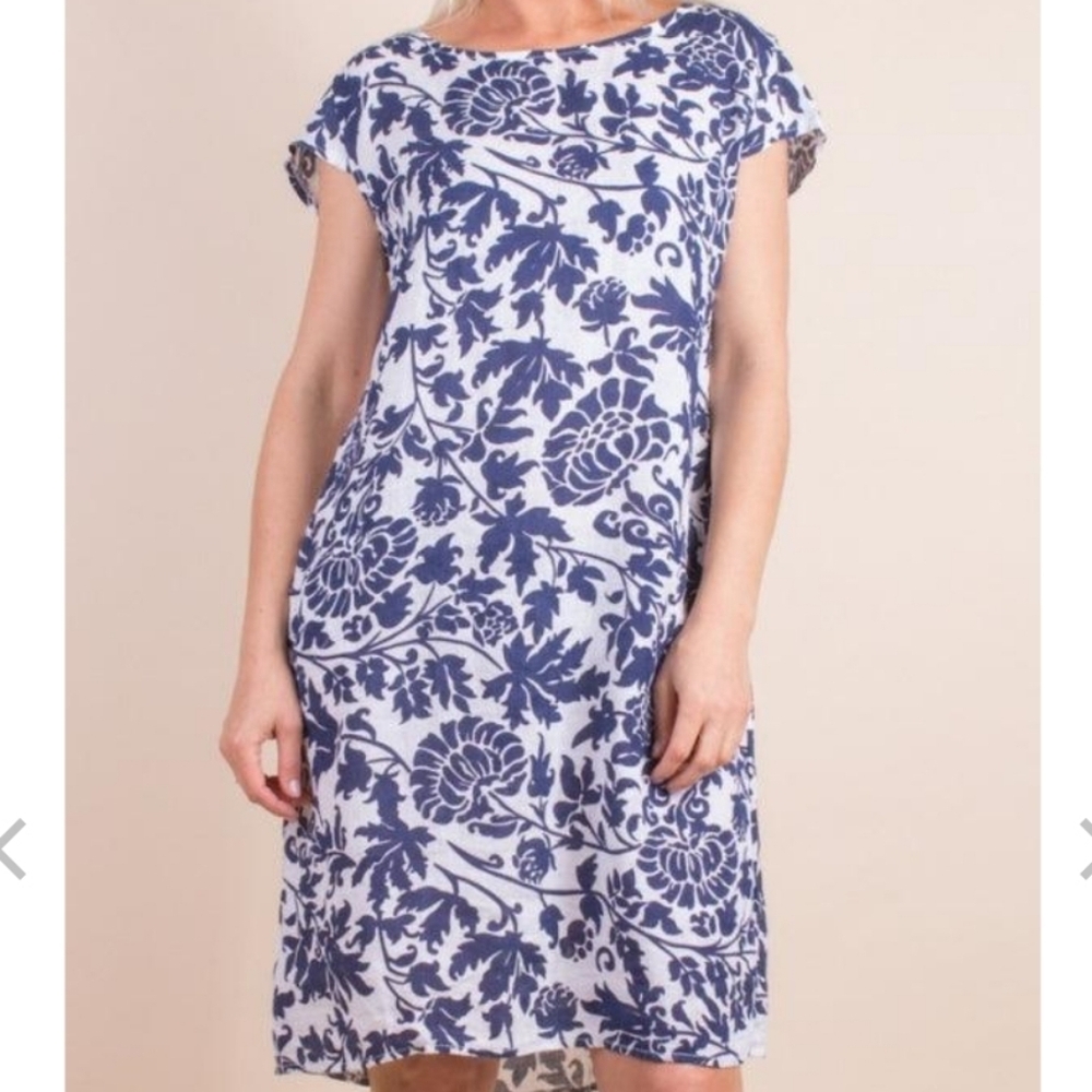Gigi Moda Italy Sardinia Linen Cap Sleeve Floral Lagenlook Midi Shift Dress O/S
